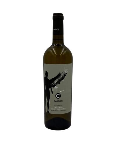 Bottiglia Casadei Incanto Mediterraneo con etichetta chiara, figura alata stilizzata, logo C e scritte Sauvignon & Semillon