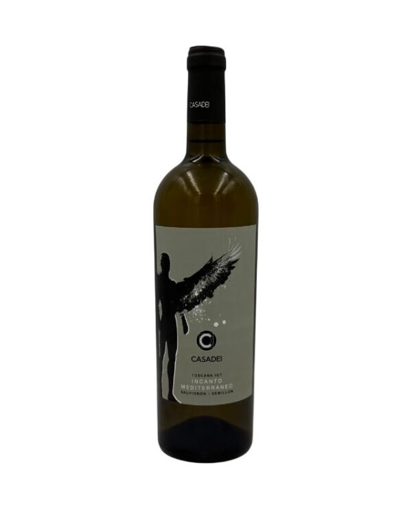 Bottiglia di Casadei Incanto Mediterraneo Sauvignon & Semillon Toscana IGT Biologico con un'etichetta chiara che presenta una figura stilizzata di un uomo con un'ala che si dissolve in elementi grafici. Il logo "C" di Casadei è ben visibile, seguito dal nome del produttore "CASADEI", dalla denominazione "TOSCANA IGT", dal nome della cuvée "INCANTO MEDITERRANEO" e dalle varietà "SAUVIGNON & SEMILLON".