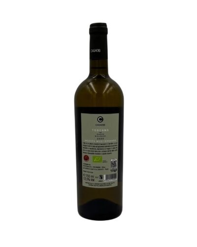 Retro bottiglia Casadei Incanto Mediterraneo Toscana IGT Biologico con etichetta, logo C, testo descrittivo e QR code bio.