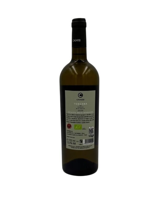 Retro della bottiglia di Casadei Incanto Mediterraneo Sauvignon & Semillon Toscana IGT Biologico con etichetta descrittiva che include il logo "C" di Casadei, il nome del produttore "CASADEI", la denominazione "TOSCANA IGT", il nome della cuvée "INCANTO" e la menzione "BIOLOGICO". È presente un testo descrittivo in italiano sul vino, insieme alle certificazioni biologiche e al QR code del produttore.
