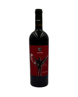 Bottiglia Casadei Armonia 2022 Toscana Rosso con etichetta rossa, figura con ali, logo C e scritte Casadei e Armonia
