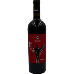 Bottiglia di Casadei Armonia Toscana Rosso IGT Biologico 2022 con un'etichetta rossa che presenta una figura stilizzata di un uomo con grandi ali spiegate. Il logo "C" di Casadei è ben visibile, seguito dal nome del produttore "CASADEI" e dal nome della cuvée "ARMONIA".