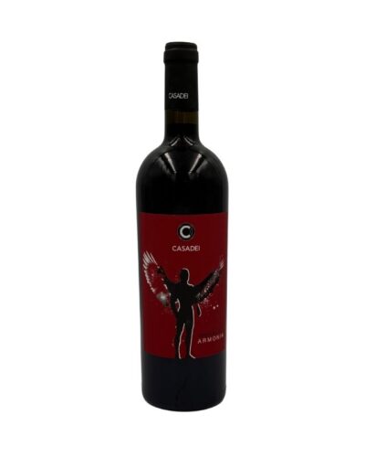 Bottiglia Casadei Armonia 2022 Toscana Rosso con etichetta rossa, figura con ali, logo C e scritte Casadei e Armonia