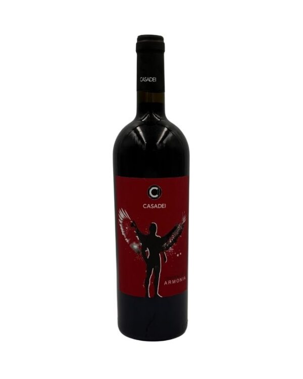 Bottiglia di Casadei Armonia Toscana Rosso IGT Biologico 2022 con un'etichetta rossa che presenta una figura stilizzata di un uomo con grandi ali spiegate. Il logo "C" di Casadei è ben visibile, seguito dal nome del produttore "CASADEI" e dal nome della cuvée "ARMONIA".