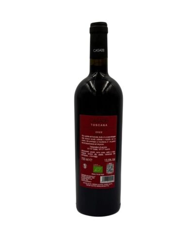 Retro bottiglia Casadei Armonia 2022 Toscana Rosso IGT Biologico con etichetta, logo C, testo descrittivo e QR code bio