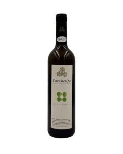 Bottiglia L'Archetipo Greco Bianco 2023 con etichetta chiara, cerchi verdi, logo, scritta Triple A e testo descrittivo