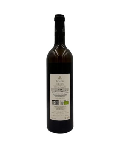 Retro bottiglia L'Archetipo Greco Bianco 2023 Salento IGT Biologico con etichetta, logo, sito e certificazioni bio