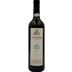 Bottiglia de L'Archetipo Fiano Salento IGT 2023 Biologico con un'etichetta chiara che presenta in alto il logo stilizzato del produttore e il nome "l'archetipo" seguito da "PRODOTTI DA AGRICOLTURA SINERGICA". Al centro è presente un disegno stilizzato di un fiore azzurro sopra la scritta "fiano". In basso un breve testo descrittivo in italiano. Un adesivo bianco con la scritta "TRIPLE A" è visibile sul collo della bottiglia.
