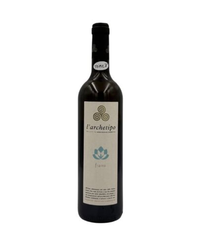 Bottiglia L'Archetipo Fiano 2023 con etichetta chiara, fiore azzurro, logo, scritta Triple A sul collo e testo descrittivo