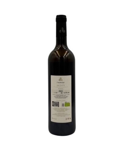Retro bottiglia L'Archetipo Fiano 2023 Salento IGT Biologico con etichetta, logo, sito, info e certificazioni bio