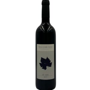 Bottiglia di Francesconi Paolo Le Iadi Romagna Sangiovese Superiore Riserva 2019 Biologico con un'etichetta chiara che presenta in alto il nome del produttore "FRANCESCONI PAOLO" seguito da "DALLA NOSTRA TERRA". Al centro è presente un disegno stilizzato di una foglia scura sopra la scritta "LE IADI" e l'annata "2019".