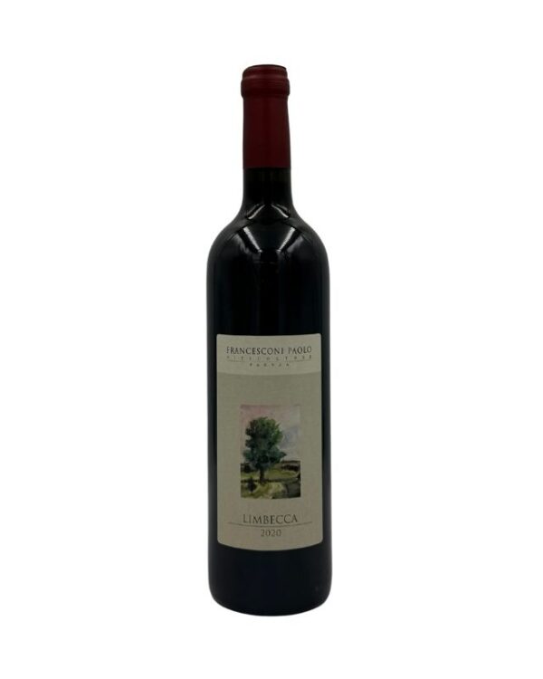 Bottiglia di Francesconi Paolo Limbecca Romagna Sangiovese Superiore 2020 Biologico con un'etichetta chiara che presenta in alto il nome del produttore "FRANCESCONI PAOLO" seguito da "VITICOLTORE IN ROMAGNA". Al centro è presente un'illustrazione di un albero solitario in un paesaggio rurale sopra la scritta "LIMBECCA" e l'annata "2020".