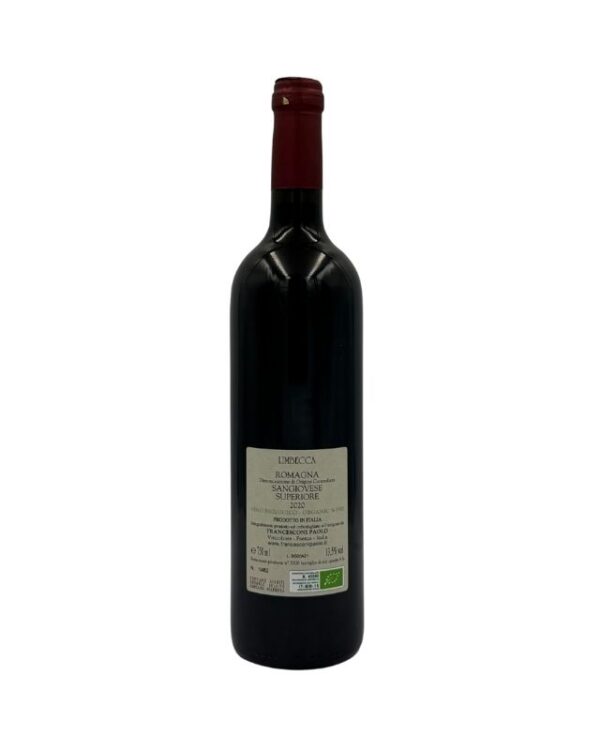 Retro della bottiglia di Francesconi Paolo Limbecca Romagna Sangiovese Superiore 2020 Biologico con etichetta descrittiva che include il nome della cuvée "LIMBECCA", la denominazione "ROMAGNA SANGIOVESE SUPERIORE Denominazione di Origine Controllata", l'annata "2020" e la menzione "VINO BIOLOGICO". Sono presenti anche informazioni aggiuntive, il sito web del produttore e le certificazioni biologiche.