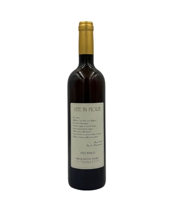 Bottiglia di Francesconi Paolo Vite in Fiore Vino Bianco Biologico con un'etichetta chiara che presenta in alto il nome della cuvée "VITE IN FIORE" sopra un breve testo descrittivo in italiano. In basso è presente la dicitura "VINO BIANCO" e il nome del produttore "FRANCESCONI PAOLO - ROMAGNA".