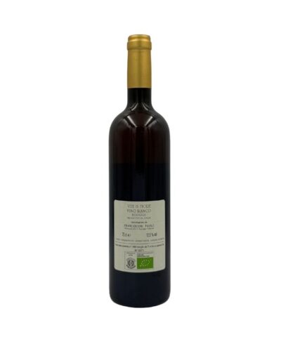 Retro della bottiglia di Francesconi Paolo Vite in Fiore Vino Bianco Biologico con etichetta descrittiva che include il nome