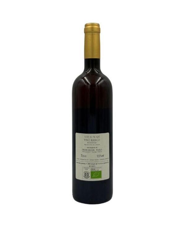 Retro della bottiglia di Francesconi Paolo Vite in Fiore Vino Bianco Biologico con etichetta descrittiva che include il nome della cuvée "VITE IN FIORE", la tipologia "VINO BIANCO" e l'indicazione geografica "RUBICONE Indicazione Geografica Tipica". Sono presenti anche informazioni aggiuntive, il nome del produttore "FRANCESCONI PAOLO - Bertinoro - Italia" e le certificazioni biologiche.
