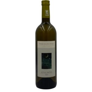 Bottiglia di Francesconi Paolo Lòna Nòva Vino Bianco Biologico 2021 con un'etichetta chiara che presenta in alto il nome del produttore "FRANCESCONI PAOLO" seguito da "VITICOLTORE IN ROMAGNA". Al centro è presente un'illustrazione di un paesaggio notturno con una luna crescente sopra la scritta "LÒNA NÒVA" e l'annata "2021".