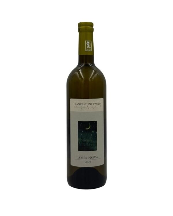 Bottiglia di Francesconi Paolo Lòna Nòva Vino Bianco Biologico 2021 con un'etichetta chiara che presenta in alto il nome del produttore "FRANCESCONI PAOLO" seguito da "VITICOLTORE IN ROMAGNA". Al centro è presente un'illustrazione di un paesaggio notturno con una luna crescente sopra la scritta "LÒNA NÒVA" e l'annata "2021".