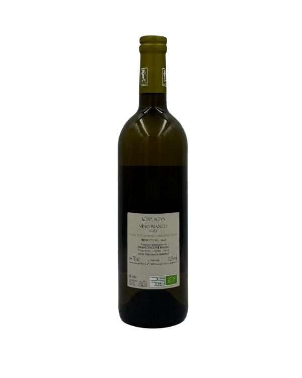Retro della bottiglia di Francesconi Paolo Lòna Nòva Vino Bianco Biologico 2021 con etichetta descrittiva che include il nome della cuvée "LÒNA NÒVA", la tipologia "VINO BIANCO" e la menzione "VINO BIOLOGICO - ORGANIC WINE". Sono presenti anche informazioni aggiuntive, il nome del produttore "FRANCESCONI PAOLO - Bertinoro - Italia", il sito web e le certificazioni biologiche.
