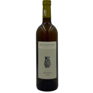 Bottiglia di Francesconi Paolo Arcaica Vino Bianco Biologico 2022 con un'etichetta chiara che presenta in alto il nome del produttore "FRANCESCONI PAOLO" seguito da "VITICOLTORE IN ROMAGNA". Al centro è presente un disegno stilizzato di un vaso antico sopra la scritta "ARCAICA" e l'annata "2022".