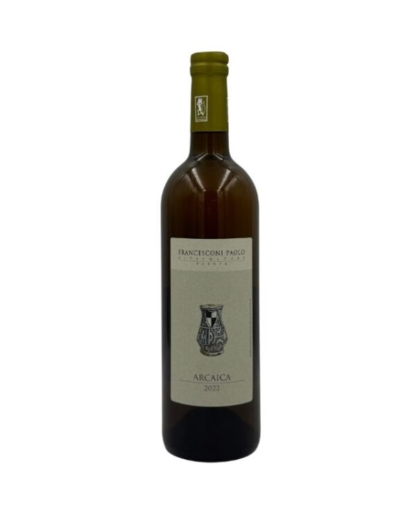 Bottiglia di Francesconi Paolo Arcaica Vino Bianco Biologico 2022 con un'etichetta chiara che presenta in alto il nome del produttore "FRANCESCONI PAOLO" seguito da "VITICOLTORE IN ROMAGNA". Al centro è presente un disegno stilizzato di un vaso antico sopra la scritta "ARCAICA" e l'annata "2022".