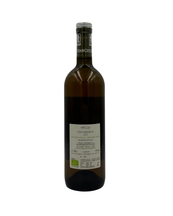 Retro della bottiglia di Francesconi Paolo Antiqva Vino Bianco Biologico 2023 con etichetta che include il nome della cuvée