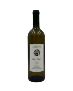 Bottiglia di Cantina Mariotti Lasso Morgone Bianco dell'Emilia IGT con un'etichetta chiara con in alto il nome del produttore