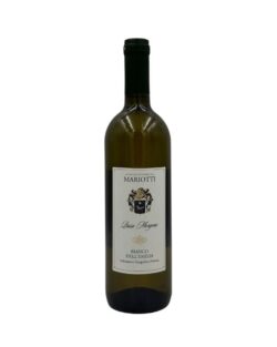 Bottiglia di Cantina Mariotti Lasso Morgone Bianco dell'Emilia IGT con un'etichetta chiara con in alto il nome del produttore