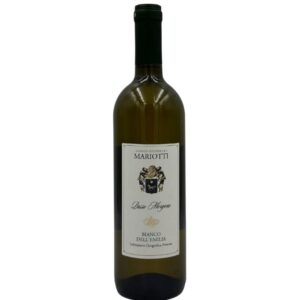 Bottiglia di Cantina Mariotti Lasso Morgone Bianco dell'Emilia IGT con un'etichetta chiara che presenta in alto il nome del produttore "CANTINA MARIOTTI" sopra uno stemma elegante. Sotto lo stemma è presente il nome della cuvée "Lasso Morgone" in corsivo, seguito dalla denominazione "BIANCO DELL'EMILIA Indicazione Geografica Protetta".