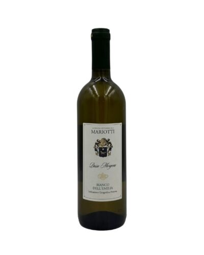 Bottiglia di Cantina Mariotti Lasso Morgone Bianco dell'Emilia IGT con un'etichetta chiara con in alto il nome del produttore