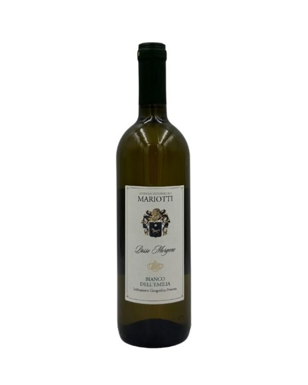 Bottiglia di Cantina Mariotti Lasso Morgone Bianco dell'Emilia IGT con un'etichetta chiara che presenta in alto il nome del produttore "CANTINA MARIOTTI" sopra uno stemma elegante. Sotto lo stemma è presente il nome della cuvée "Lasso Morgone" in corsivo, seguito dalla denominazione "BIANCO DELL'EMILIA Indicazione Geografica Protetta".
