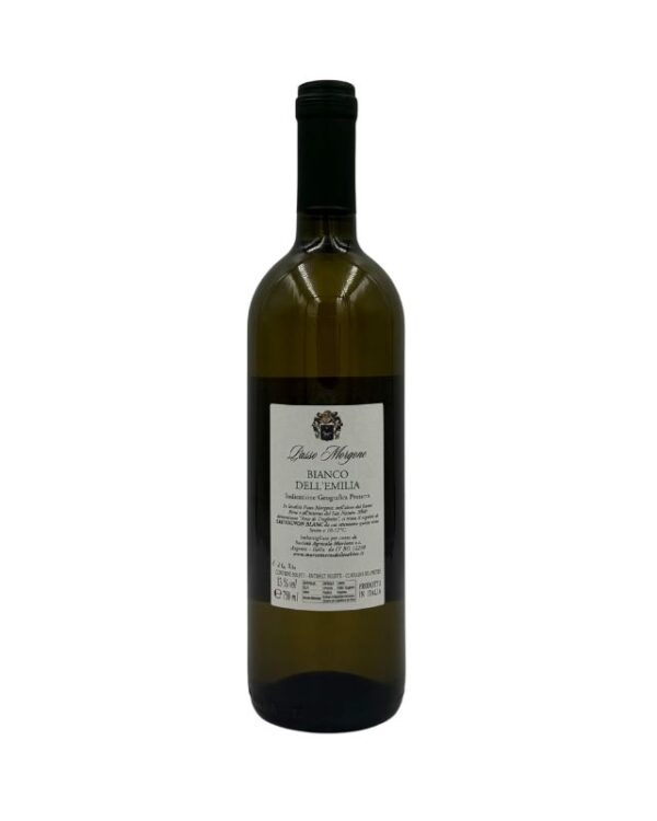Retro della bottiglia di Cantina Mariotti Lasso Morgone Bianco dell'Emilia IGT con etichetta descrittiva che include il nome della cuvée "Lasso Morgone", la denominazione "BIANCO DELL'EMILIA Indicazione Geografica Protetta" e un breve testo descrittivo sul vino e sul territorio. Sono presenti anche informazioni aggiuntive sul produttore "Cantina Mariotti - San Nicolò (FE) - Italia" e il sito web.