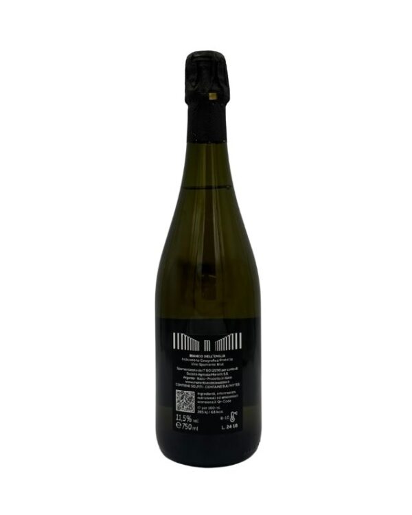 Retro della bottiglia di spumante che rivela i dettagli del produttore Cantina Mariotti, con la denominazione "BIANCO DELL'EMILIA Spumante Brut", informazioni sul metodo di spumantizzazione, la zona di produzione (Argenta - Italia) e gli ingredienti. È presente anche un QR code per ulteriori informazioni.