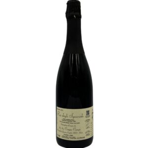 Bottiglia di vino frizzante biologico Aia delle Cinque Campi Rio degli Sgoccioli 2022 con un'etichetta chiara che presenta il nome del produttore "Aia delle Cinque Campi" in piccolo, seguito dal nome della cuvée "Rio degli Sgoccioli" in grande e dalla dicitura "Frizzante Secco Biologico" con l'annata "2022". È presente anche un breve testo descrittivo e un QR code.