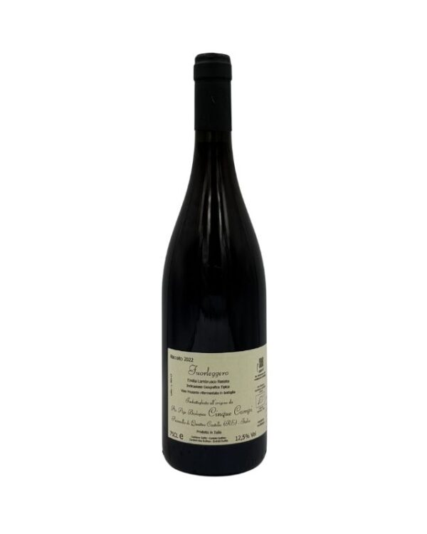 Bottiglia di Lambrusco secco biologico Aia delle Cinque Campi Fuorileggero 2022 con un'etichetta chiara che presenta il nome del produttore "Aia delle Cinque Campi" in piccolo, seguito dal nome della cuvée "Fuorileggero" in grande e dalla denominazione "Emilia Lambrusco Rosso Secco Biologico" con l'annata "2022". È presente anche un breve testo descrittivo e un QR code.