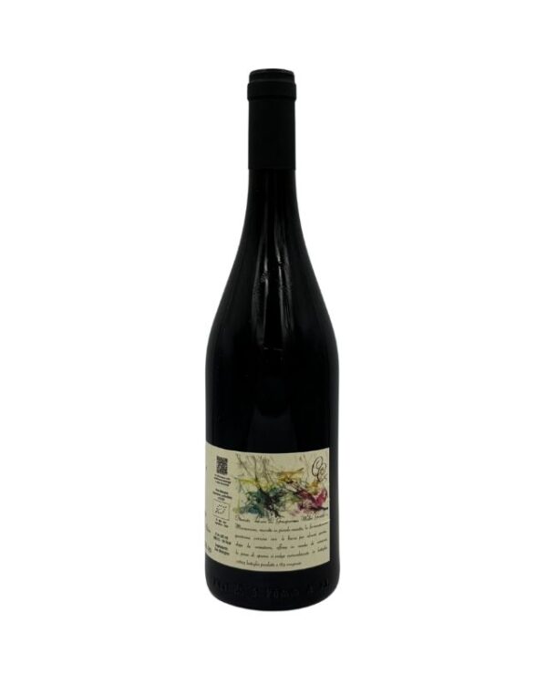 Retro della bottiglia di Emilia Rosso frizzante secco biologico Aia delle Cinque Campi Cinque Campi Rosso 2023 con un'etichetta che continua il testo descrittivo e presenta un'illustrazione colorata di elementi naturali come fiori e foglie. Sono visibili anche le certificazioni biologiche e informazioni aggiuntive sul produttore "Aia delle Cinque Campi di Bendinelli Castellani (RE) - Italia".