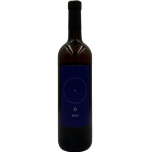 Bottiglia di Giorgio Mercadelli O Bianco Vino Bianco 2007 con un'etichetta blu scura minimalista che presenta un cerchio con un punto al centro, la lettera "O" e l'annata "2007".