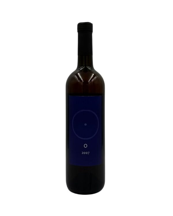 Bottiglia di Giorgio Mercadelli O Bianco Vino Bianco 2007 con un'etichetta blu scura minimalista che presenta un cerchio con un punto al centro, la lettera "O" e l'annata "2007".