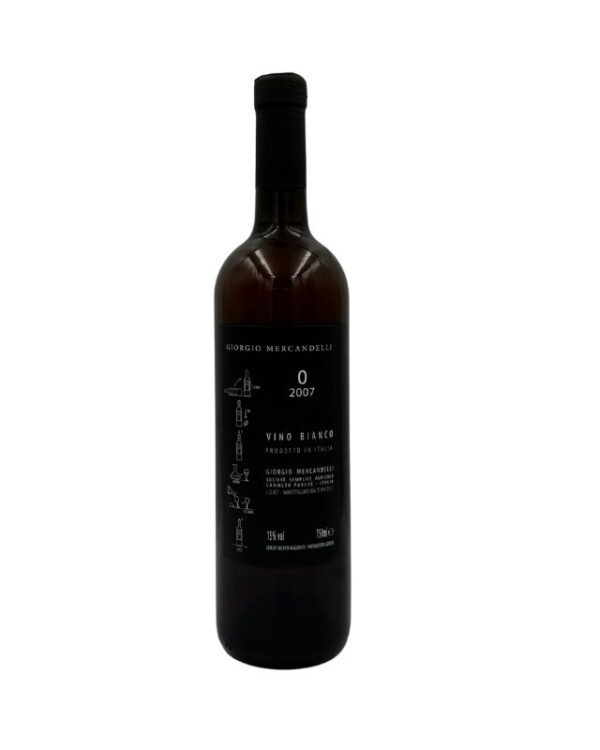 Retro della bottiglia di Giorgio Mercadelli O Bianco Vino Bianco 2007 con etichetta descrittiva che include il nome del produttore "GIORGIO MERCADELLI", la lettera "O" e l'annata "2007" in grande. Sotto è presente la dicitura "VINO BIANCO PRODOTTO IN ITALIA" e il nome del produttore con l'indirizzo "GIORGIO MERCADELLI - AZIENDA AGRICOLA MARENO DI PIAVE (TV) - LOMELLO (PV)". Sul lato sinistro sono presenti piccole illustrazioni stilizzate di fasi della produzione del vino e della degustazione