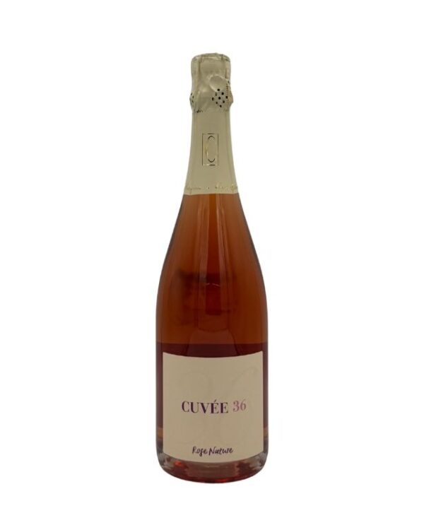 Bottiglia di spumante rosato Casa Caterina Cuvée 36 Rosé Nature con etichetta chiara che evidenzia "CUVÉE 36" in bordeaux e "Rosé Nature" in piccolo in basso.