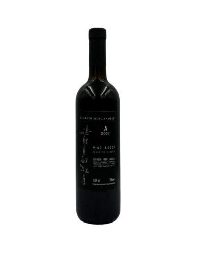 Retro della bottiglia di Giorgio Mercadelli A Rosso Vino Rosso 2007 con etichetta descrittiva che include il nome del produttore la lettera "A" e l'annata "2007.