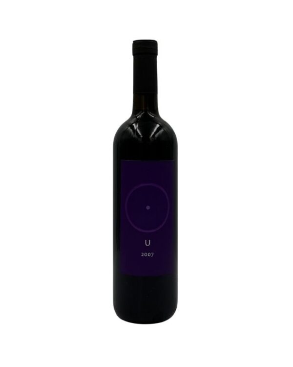 Bottiglia di Giorgio Mercadelli U Rosso Vino Rosso 2007 con un'etichetta viola scura minimalista che presenta un cerchio con un punto al centro, la lettera "U" e l'annata "2007".