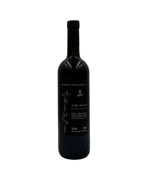 Retro della bottiglia di Giorgio Mercadelli U Rosso Vino Rosso 2007 con etichetta descrittiva che include il nome del produttore "GIORGIO MERCADELLI", la lettera "U" e l'annata "2007" in grande. Sotto è presente la dicitura "VINO ROSSO PRODOTTO IN ITALIA" e il nome del produttore con l'indirizzo "GIORGIO MERCADELLI - SOCIETÀ SEMPLICE AGRICOLA MARENO DI PIAVE (TV) - LOMELLO (PV)". Sul lato sinistro sono presenti piccole illustrazioni stilizzate di fasi della produzione del vino e della degustazione.
