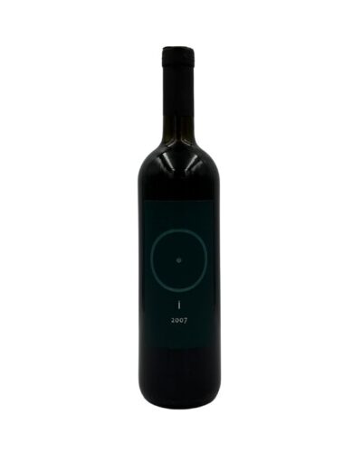 Bottiglia di Giorgio Mercadelli I Rosso Vino Rosso 2007 con un'etichetta verde scura che presenta un cerchio con un punto al centro, la lettera "i" e l'annata "2007