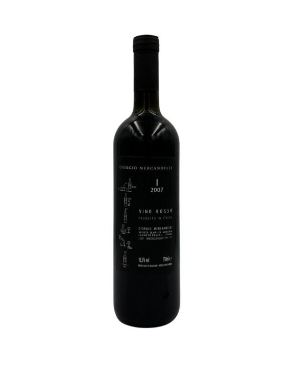 Retro della bottiglia di Giorgio Mercadelli I Rosso Vino Rosso 2007 con etichetta descrittiva che include il nome del produttore "GIORGIO MERCADELLI", la lettera "i" e l'annata "2007" in grande. Sotto è presente la dicitura "VINO ROSSO PRODOTTO IN ITALIA" e il nome del produttore con l'indirizzo "GIORGIO MERCADELLI - SOCIETÀ SEMPLICE AGRICOLA MARENO DI PIAVE (TV) - LOMELLO (PV)". Sul lato sinistro sono presenti piccole illustrazioni stilizzate di fasi della produzione del vino e della degustazione.