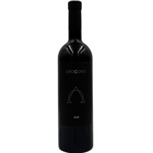 Bottiglia di Cantina Alchemica Orocòro Vino Bianco 2018 con un'etichetta nera elegante che presenta il nome "OROCÒRO" in alto, un simbolo geometrico dorato al centro e l'annata "2018" in basso.