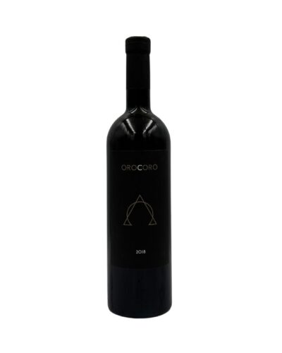 Bottiglia di Cantina Alchemica Orocòro Vino Bianco 2018 con un'etichetta nera elegante che presenta il nome "OROCÒRO" in alto, un simbolo geometrico dorato al centro e l'annata "2018" in basso.