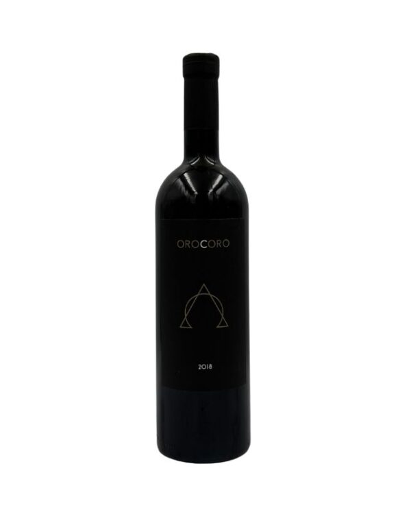Bottiglia di Cantina Alchemica Orocòro Vino Bianco 2018 con un'etichetta nera elegante che presenta il nome "OROCÒRO" in alto, un simbolo geometrico dorato al centro e l'annata "2018" in basso.