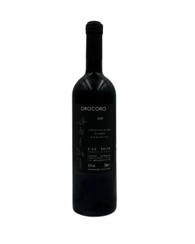 Retro della bottiglia di Cantina Alchemica Orocòro Vino Rosso 2017 con etichetta descrittiva che include il nome "OROCÒRO" e l'annata "2017" in alto