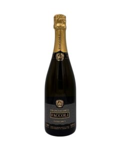 Faccoli Extra Brut: etichetta grigio scuro e oro, "Franciacorta Faccoli".